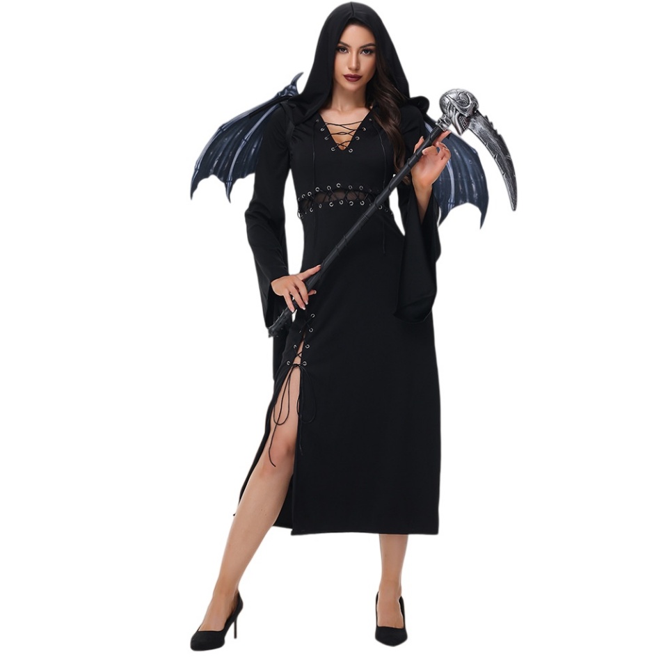 Gothic Black Hooded Long Dress - Women Witch Vampire Bride Costume